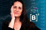 Mulher com mão no rosto e expressão preocupada, com dados financeiros e logos Investnews/B3.