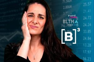 Mulher com mão no rosto e expressão preocupada, com dados financeiros e logos Investnews/B3.