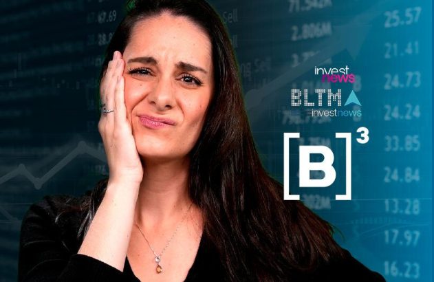 Mulher com mão no rosto e expressão preocupada, com dados financeiros e logos Investnews/B3.