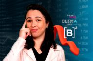 Mulher pensativa em fundo de mercado financeiro com seta vermelha para baixo. Logos investnews e B3.