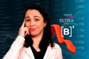 Mulher pensativa em fundo de mercado financeiro com seta vermelha para baixo. Logos investnews e B3.