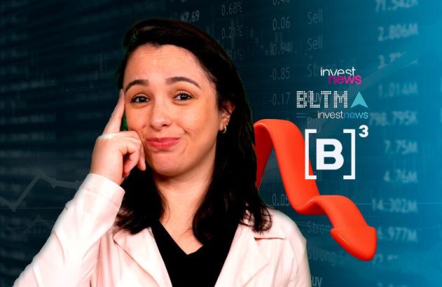 Mulher pensativa em fundo de mercado financeiro com seta vermelha para baixo. Logos investnews e B3.