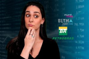 Mulher pensativa, mão no queixo, diante de dados e logos de investimento no mercado financeiro.