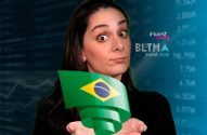 Mulher surpresa segura bandeira do Brasil. Fundo com dados financeiros e logo InvestNews.