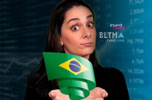 Mulher surpresa segura bandeira do Brasil. Fundo com dados financeiros e logo InvestNews.