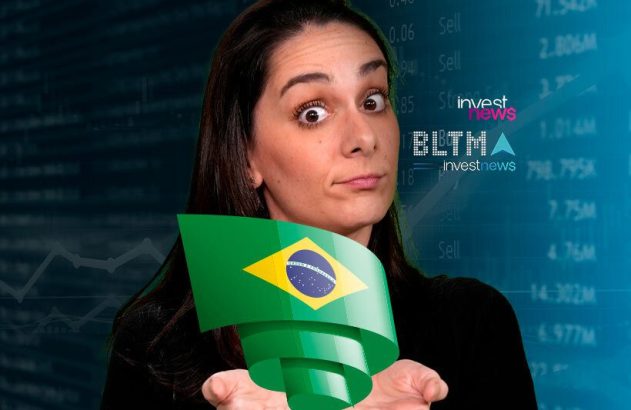 Mulher surpresa segura bandeira do Brasil. Fundo com dados financeiros e logo InvestNews.