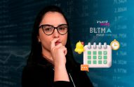Mulher pensativa em frente a dados financeiros e gráficos. Ícones 3D de alerta, calendário e relógio.