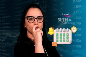 Mulher pensativa em frente a dados financeiros e gráficos. Ícones 3D de alerta, calendário e relógio.