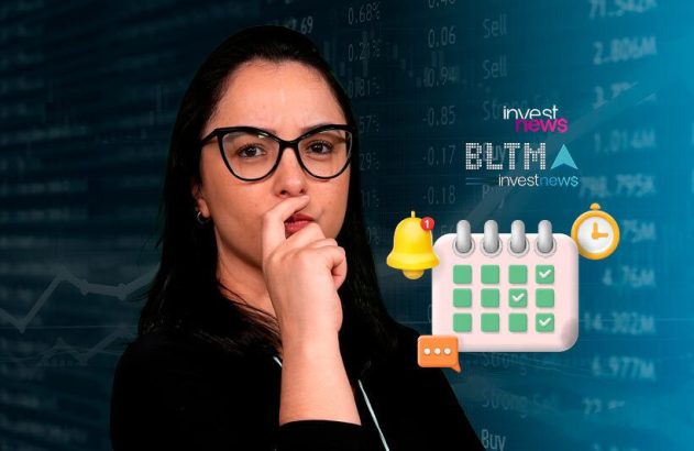 Mulher pensativa em frente a dados financeiros e gráficos. Ícones 3D de alerta, calendário e relógio.