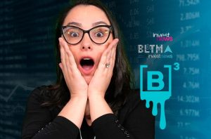 Mulher de óculos com boca aberta e mãos no rosto, em choque. Fundo digital exibe dados financeiros e logos Investnews e B3.