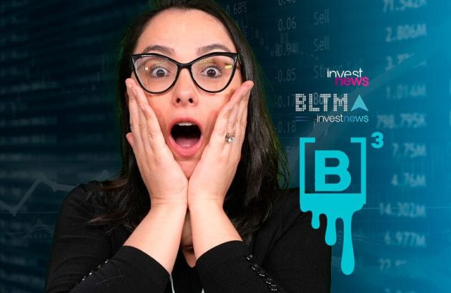 Mulher de óculos com boca aberta e mãos no rosto, em choque. Fundo digital exibe dados financeiros e logos Investnews e B3.