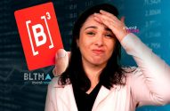 Mulher frustrada com mão na testa segura cartão vermelho B³. Fundo de dados financeiros com logos Investnews.