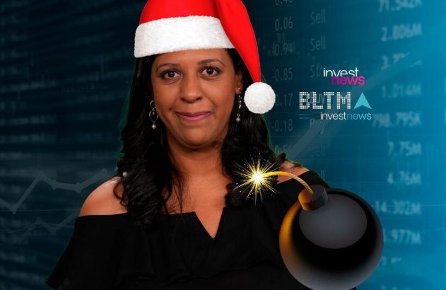 Mulher de chapéu de Natal com bomba de pavio aceso ao lado. Fundo com dados financeiros e logo Investnews.