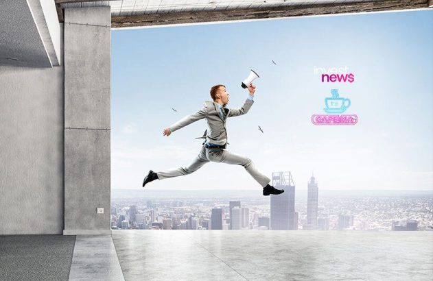 Homem de terno salta de um prédio para a cidade, com megafone. Logos 'invest news' e 'Cafeína' à direita no céu.