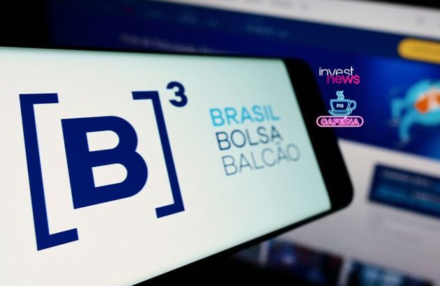 Tela de smartphone exibe logo B3 e "Brasil Bolsa Balcão". No fundo, logos "invest news" e "cafeína".