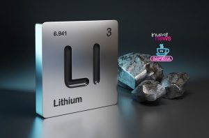 Lítio: placa elementar (Li) e minério, com logos 'invest news' e 'CAFÉINA'.