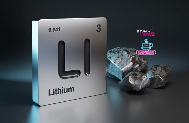 Lítio: placa elementar (Li) e minério, com logos 'invest news' e 'CAFÉINA'.