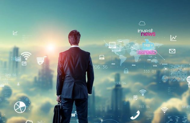 Homem de terno de costas observa horizonte urbano com ícones digitais e marcas "invest news" e "CAFEÍNA".
