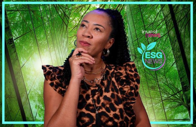 Mulher em top de oncinha, pensativa, com fundo de floresta verde e logos 'invest news' e 'ESG NEWS'.