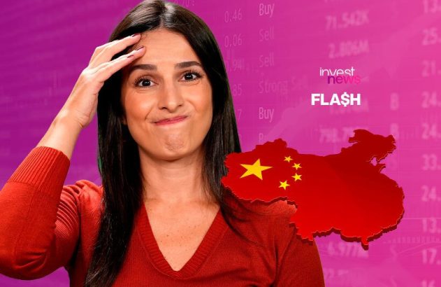 Mulher com expressão de dúvida e mão na testa. Mapa da China e fundo com dados financeiros e logo Invest News Flash.