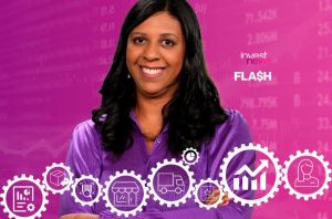 Mulher sorridente diante de gráficos financeiros e ícones de negócios. Logo Invest News FLASH.