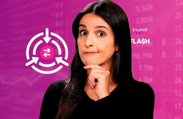 Mulher pensativa diante de tela financeira com ícone de foco/transação e dados numéricos. Logo Invest News Flash.