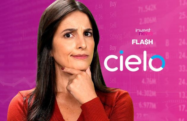 fabiana ortega, apresentadora do investnews, com blusa vermelha e dedo no queixo em sinal de dúvida, e ao fundo, logo da cielo