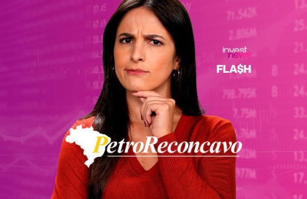 Mulher pensativa, em fundo financeiro com dados. Logos "invest news FLASH" e "PetroReconcavo" (com mapa do Brasil).
