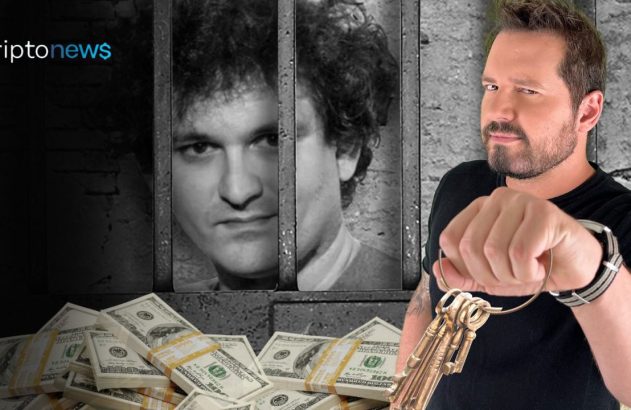 Sam Bankman-Fried na prisão, pilhas de dinheiro, e homem com chaves. Criptonews.