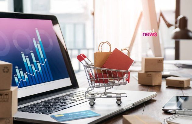 E-commerce: laptop com gráfico de vendas, mini carrinho de compras, cartão de crédito e caixas de envio.