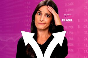Mulher confusa com mão na testa e duas setas divergentes em fundo financeiro. Logo 'Invest News FLASH'.