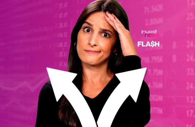 Mulher confusa com mão na testa e duas setas divergentes em fundo financeiro. Logo 'Invest News FLASH'.