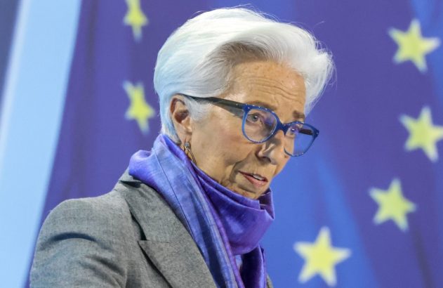 Mulher com cabelo branco, óculos azuis, lenço roxo, olhando para baixo. Fundo azul com estrelas da UE.