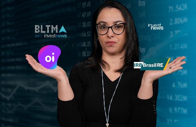 Mulher segura logos Oi e IRB Brasil RE nas mãos abertas, em fundo com dados financeiros e marca Investnews.
