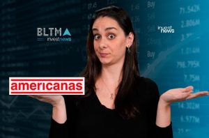 Mulher com olhos arregalados, encolhendo os ombros e mostrando o logo "americanas". Fundo com dados financeiros da Investnews.