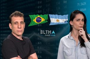 Homem e mulher analisam finanças Brasil-Argentina, com bandeiras, logo BLTM Investnews e dados financeiros.
