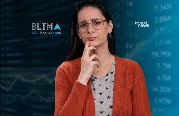 Mulher de óculos pensativa, em frente a painel de mercado financeiro. Logos "investnews".