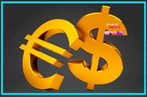 Símbolos do Euro e Dólar dourados, entrelaçados, com logo 'invest news'.