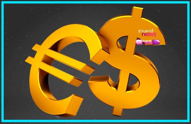 Símbolos do Euro e Dólar dourados, entrelaçados, com logo 'invest news'.