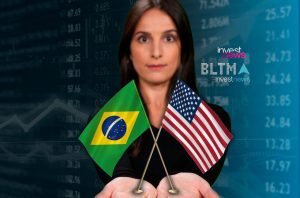 Mulher segurando bandeiras do Brasil e EUA. Fundo de tela financeira com logos Investnews e BLTMA.