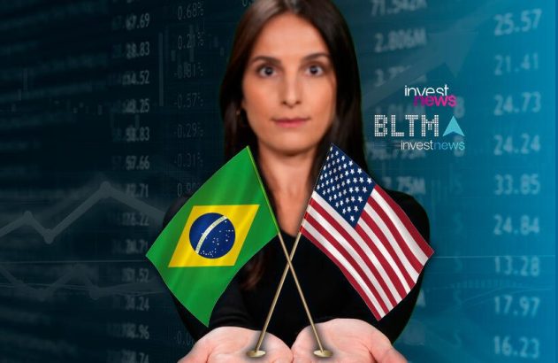 Mulher segurando bandeiras do Brasil e EUA. Fundo de tela financeira com logos Investnews e BLTMA.