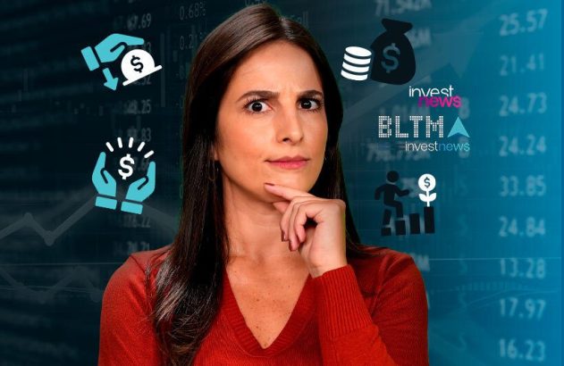 Mulher pensativa com ícones de finanças e investimentos e um gráfico de mercado ao fundo.