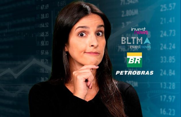 Mulher pensativa com mão no queixo, sobre fundo de dados financeiros e logos de Petrobras e Invest News.