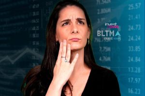 Mulher pensativa com a mão no rosto, olhando para cima, em fundo de dados financeiros e gráficos.