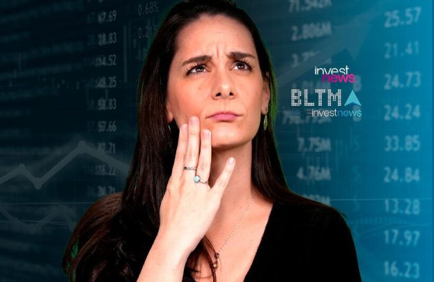 Mulher pensativa com a mão no rosto, olhando para cima, em fundo de dados financeiros e gráficos.