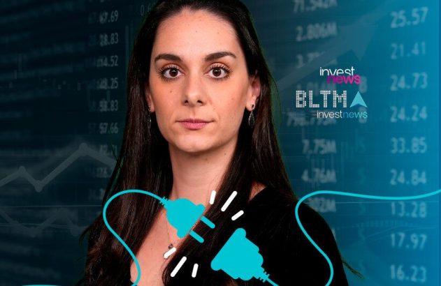 Mulher em frente a gráficos financeiros, com plugs desconectados e logos "investnews" e "BLTMA".