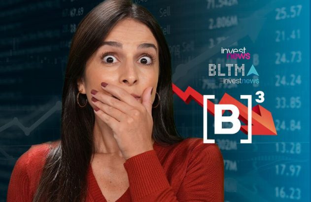 Mulher chocada com queda na bolsa de valores (B3), evidenciada por gráfico financeiro e seta vermelha.