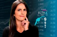Mulher preocupada com gráficos financeiros e preços do combustível. Logo 'investnews' no fundo.