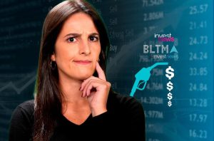 Mulher preocupada com gráficos financeiros e preços do combustível. Logo 'investnews' no fundo.
