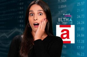 Mulher chocada, com mão no rosto e boca aberta, sobre fundo de dados financeiros e logos.